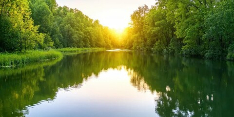 Poster - A serene river reflects golden sunlight, surrounded by lush green trees, creating a peaceful and tranquil natural scene.