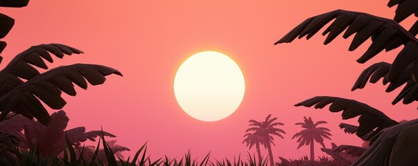 Poster - A serene sunset with a large sun, framed by palm trees and lush foliage, creating a tranquil atmosphere against a pink sky.