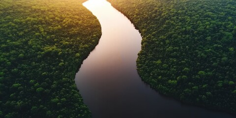 Poster - Aerial view of a winding river surrounded by lush green forests, glowing softly in the warm light of sunset.