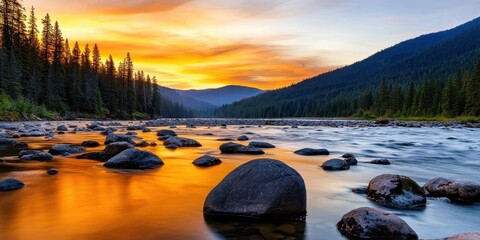 Poster - A tranquil river scene with vibrant sunset colors reflecting off the water and surrounded by mountains and lush trees.