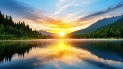 Poster - A breathtaking sunset reflects on a tranquil lake surrounded by lush forests and mountains, creating a serene natural landscape.