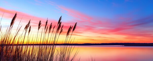 Aufkleber - A serene landscape at sunset, showcasing vibrant hues of pink and orange reflected over calm water, with silhouettes of tall grass in the foreground.