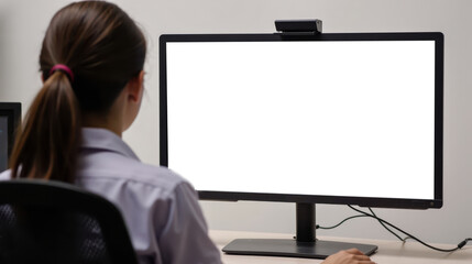 Poster - Mockup computer monitor on workspace desk, woman looking at monitor, rear view. blank digital display, office background, modern interior, empty screen