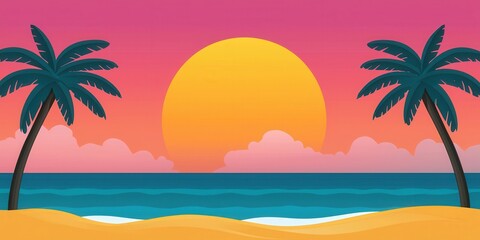 Poster - A vibrant sunset over the ocean, framed by palm trees, creating a serene beach atmosphere with colorful hues.