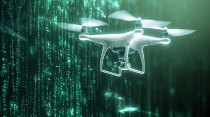 Leinwandbilder - Drone flying against a digital code backdrop.