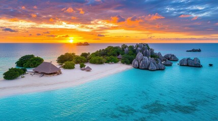 Poster - A stunning beach at sunset, featuring turquoise waters, rocky formations, and lush greenery, creating a serene tropical paradise.