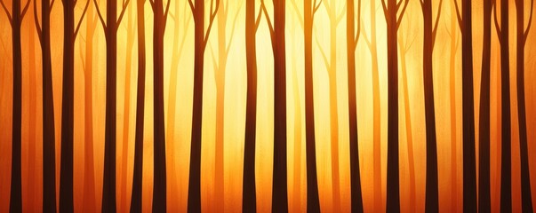 Poster - A serene forest scene with tall trees silhouetted against a golden sunset background.