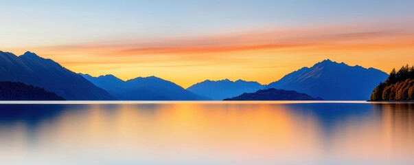 Poster - A serene landscape featuring a tranquil lake reflecting vibrant mountains and a colorful sky at sunset.
