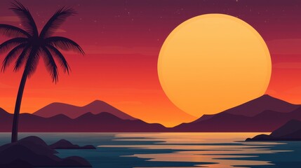 Poster - A vibrant sunset with a large sun, silhouetted mountains, and a palm tree against a colorful sky reflecting on the water.