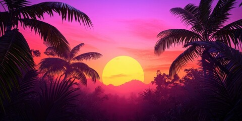 Poster - A vibrant sunset with pink and purple hues, silhouetted by palm trees against a serene landscape.