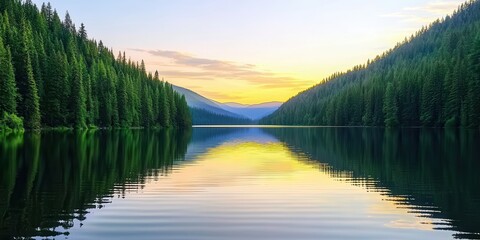 Poster - A serene lake at sunrise, surrounded by lush forests, reflecting the colorful sky and creating a tranquil atmosphere.