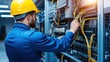 © Ismail - Technician in Safety Helmet Working on Server Rack in Data Center with Wires and Cables