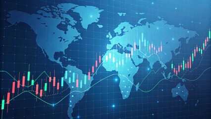 Poster - Global Financial Data Visualization: A detailed digital illustration showcases a world map overlaid with dynamic stock market data, charting the rise and fall of global financial trends.