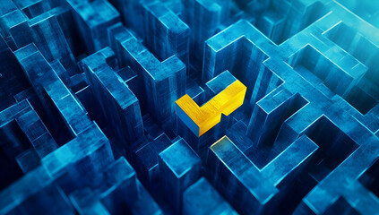 Poster - Abstract blue maze with a yellow arrow sign in the center