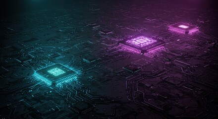 Poster - Glowing Circuit Board with Integrated Processors: Neon Teal and Pink Digital Technology