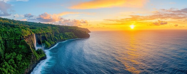 Poster - A stunning sunset over the ocean, framed by lush green cliffs, creates a serene and picturesque landscape.