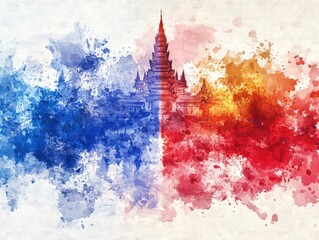 Poster - Watercolor painting of a large pagoda split into two halves of opposing colors blue and orange with detailed architecture