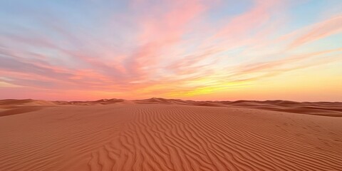 Poster - A serene desert landscape at sunset, featuring soft sand dunes and vibrant, colorful skies blending hues of pink and orange.