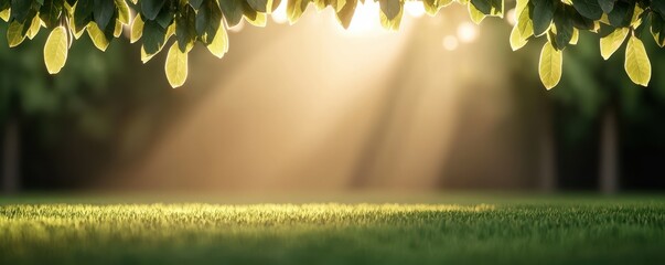 Poster - A serene scene with sunlight filtering through leaves, casting a warm glow on the grass below, evoking tranquility and nature.