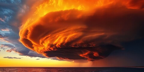 Poster - A dramatic sunset showcases a swirling cloud formation, highlighting vibrant oranges and deep blues in a captivating display of nature's power.