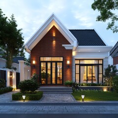 Aufkleber - Elegant Brick House Exterior at Twilight: A Modern Residence with Landscaped Garden and Warm Lighting