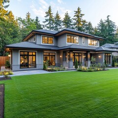 Aufkleber - Elegant Modern Home with Lush Green Lawn and Landscape Design at Dusk