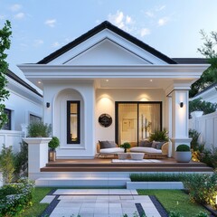 Aufkleber - Elegant Outdoor Living: A Charming Home's Porch and Garden Oasis at Dusk