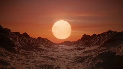 Poster - A serene landscape featuring a large sun setting over rugged terrain, casting a warm glow across the scene.