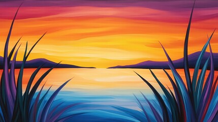 Poster - A vibrant sunset over calm waters, framed by silhouettes of grass and distant hills in a palette of warm colors.