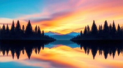 Poster - A serene sunset over a tranquil lake, surrounded by tall trees and distant mountains, reflecting vibrant hues of orange, pink, and blue in the water.