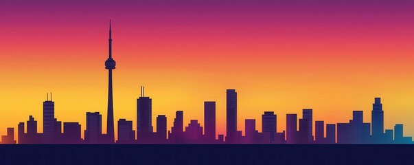 Poster - A vibrant city skyline silhouetted against a colorful sunset, showcasing iconic buildings and a tranquil atmosphere.