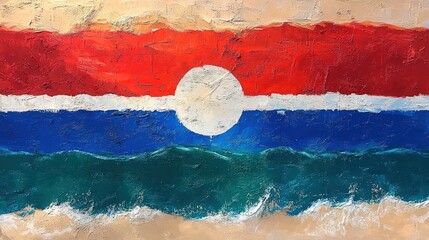 Poster - Abstract artwork of flag design featuring red blue and green horizontal stripes with a central white circle element and textured effect on a sand background