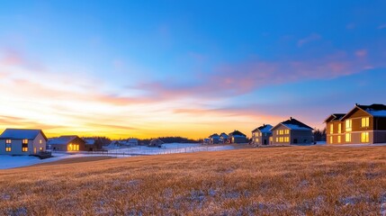 Poster - A serene sunset landscape featuring modern houses and a golden field under a vibrant sky, creating a picturesque rural setting.