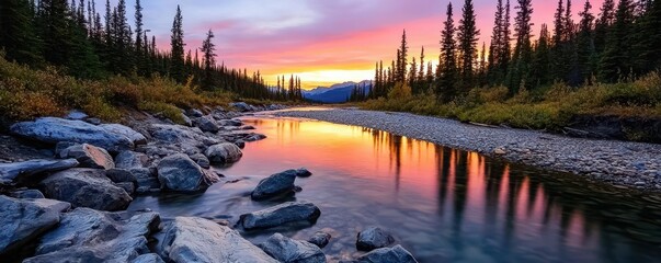 Poster - A serene river reflects vibrant sunset colors, bordered by lush evergreen trees and rocky shores, creating a tranquil natural landscape.