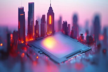 Poster - Futuristic Cityscape on a Glowing Computer Chip