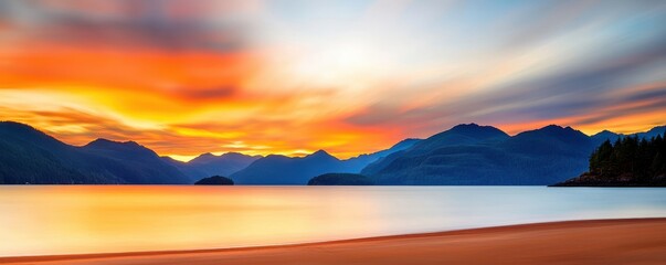 Poster - A serene sunset over a lake, framed by mountains and a sandy beach, showcasing vibrant colors and a peaceful atmosphere.