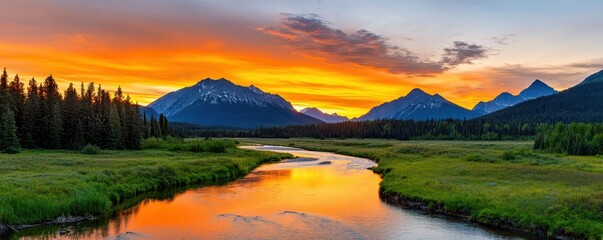 Poster - A stunning sunset over mountains and a tranquil river, reflecting vibrant colors in the sky and surrounding greenery.