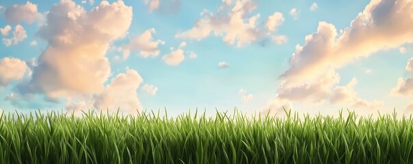 Poster - Lush green grass under a blue sky with fluffy clouds creates a serene natural landscape, evoking tranquility and beauty.