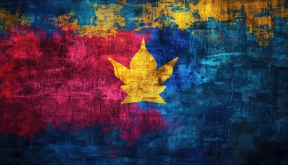 Poster - Abstract grunge textured artwork featuring a stylized gold leaf emblem on a blue red and yellow background