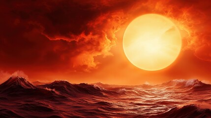 Poster - A dramatic sunset over turbulent ocean waves, with a large sun casting an orange glow against dark, ominous clouds.