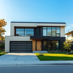 Aufkleber - Modern Home Exterior with Clean Lines and Landscaped Yard Under a Clear Blue Sky on a Sunny Day