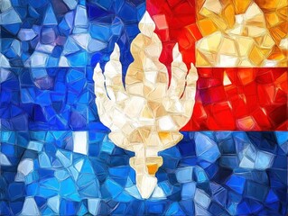 Poster - Abstract mosaic art featuring a central ornate golden motif against a divided background of blue and red. Textured artistic design