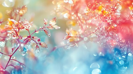 Wall Mural - Colorful Abstract Background with Dewy Leaves and Soft Bokeh Effect
