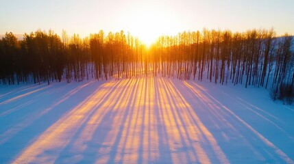 Poster - A serene winter landscape featuring snow-covered ground, tall trees casting long shadows, and a bright sunrise illuminating the scene.