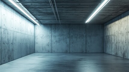 Aufkleber - Empty, cold concrete room with fluorescent lights.
