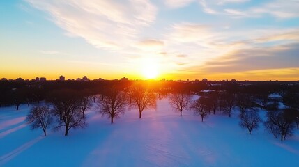 Poster - A serene winter sunset over a snowy landscape, featuring silhouetted trees against a colorful sky.