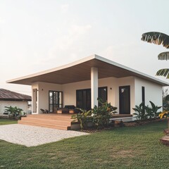 Aufkleber - Modern Minimalist House with Wood Accents and Tropical Landscaping: A serene architectural retreat in a lush garden setting.