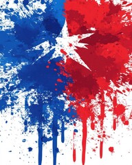 Poster - Abstract starburst design with red and blue paint splatters against a white background