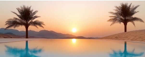 Poster - A serene sunset over a tranquil pool, framed by palm trees and mountains, creating a peaceful and picturesque landscape.