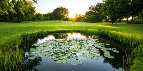Poster - A serene sunset over a pond adorned with lily pads, surrounded by lush green grass and trees, creating a peaceful natural scene.